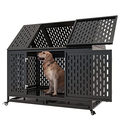 Snimoy Heavy Duty Dog Crate Dog Cage, 45" Indestructible Metal Dog Kennel Lockable for Medium Large Dogs with Sturdy Door Lock and Removable Trays, Roof Top Access