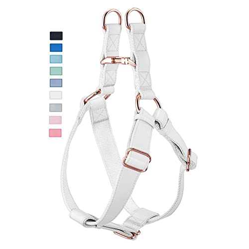 Soft Leather No Pull Dog Harness - Adjustable Step in Dog Harness with Rose Gold Heavy Duty Metal Buckle, Freedom Nylon Dog Halter Vests for Small Medium Large Dogs Easy Walking Training (White,XS)