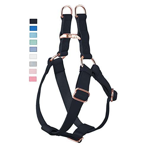 Soft Leather No Pull Dog Harness - Adjustable Step in Dog Harness with Rose Gold Heavy Duty Metal Buckle, Freedom Nylon Dog Halter Vests for Small Medium Large Dogs Easy Walking Training (Black,M)