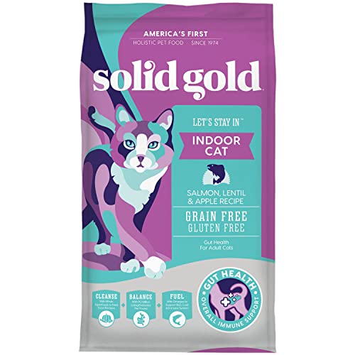 Solid Gold Indoor Dry Cat Food - Let's Stay in Cat Food Dry Kibble for Indoor Cats - Hairball & Sensitive Stomach - Grain & Gluten Free - Probiotics & Fiber for Digestive Health - Salmon - 12lb