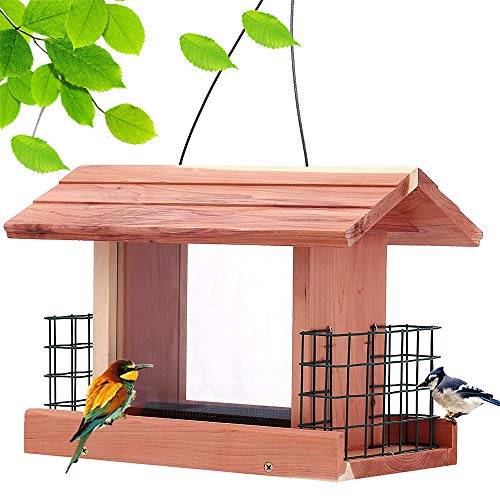 Solution4Patio Homes Garden USA Cedar Bird Feeder Wildbird Essentials Handmade Wooden Outdoor Ranch Patio Yard Tree Hanging with Double Plastic Window and Double Suet Holder Cages Combination #G-8534