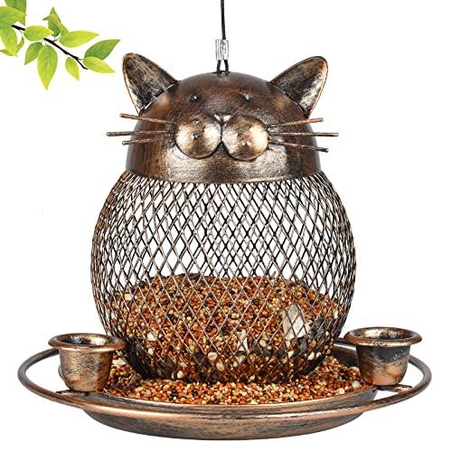 Squirrel Proof Bird Feeders, Upgraded Cute Cat Shaped Bird Feeder, Heavy Duty Copper Wild Bird Feeder with Hook for Outdoor Hanging, Garden Yard Outside Decoration, 2lbs Capacity