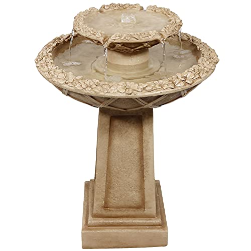 Sunnydaze 28-Inch Beveled Flower Outdoor Water Fountain - 2-Tier Backyard Water Feature & Bird Bath for The Patio or Yard