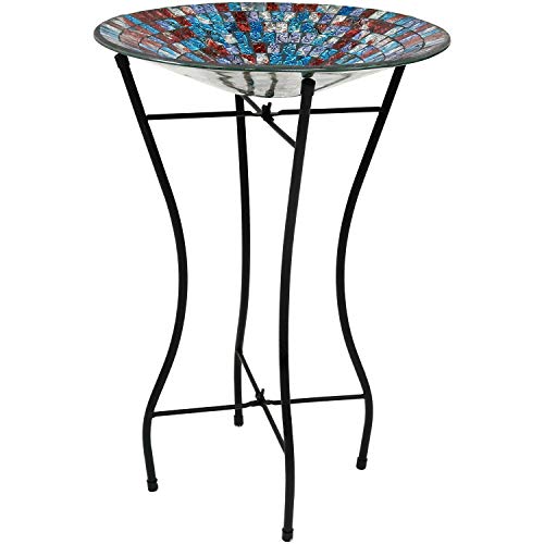 Sunnydaze Outdoor Bird Bath with Stand and Mosaic Tile Design, Multi-Color, Garden and Lawn Decor, 14-Inch Diameter