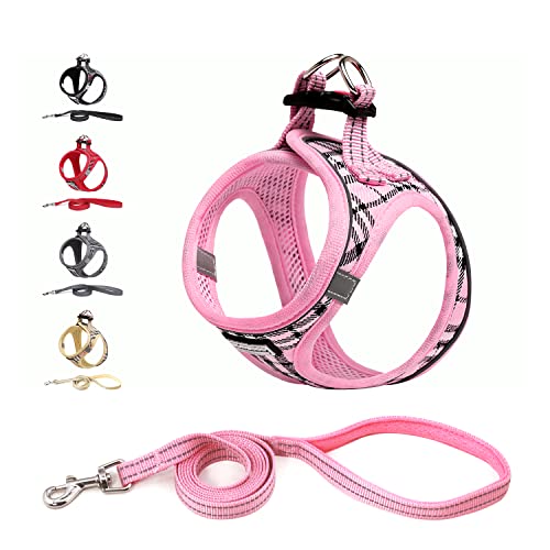 Suredoo Dog Harness and Leash Set, Step-in Breathable Reflective Puppy Cat Dog Vest Harnesses for Small Medium Dogs (Pink Plaid, XXS)