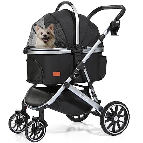 SWITTE Dog Stroller for Small Medium Large Dogs Cats 3 in1 4 Wheels Pet Stroller Foldable Travel Jogger Puppy Stroller with Detachable Carrier-Silver Grey