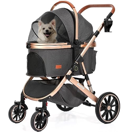 SWITTE Dog Stroller for Small Medium Large Dogs Cats 3 in1 4 Wheels Pet Stroller Foldable Travel Jogger Puppy Stroller with Detachable Carrier-Golden