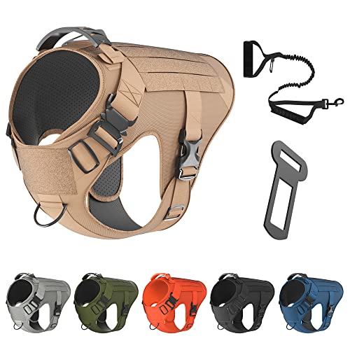 Tactical Dog Harness Bundle Includes Tactical Leash. Working Dog MOLLE Vest with Handle, No Pulling Front Leash Clip, Hook & Dog Patch. (S (Neck:14"-18" ; Chest:22"-27"), Peanut Brown)