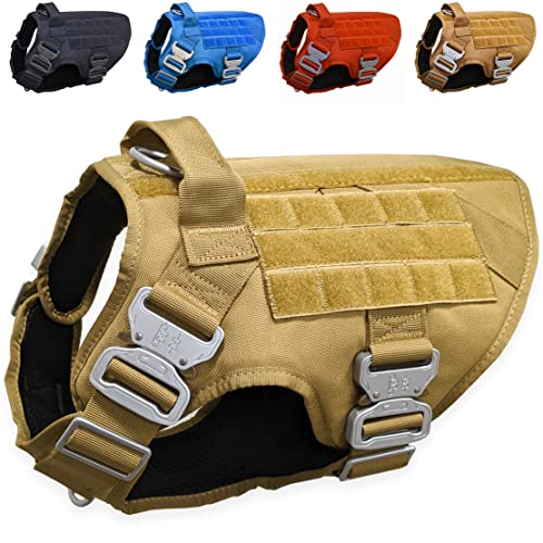 Tactical Dog Harness with 4 Metal Buckles [No-Choke Dog Harness], Bite Proof and Rain Proof Heavy Duty Harness for Large Dogs (Brown, (M))