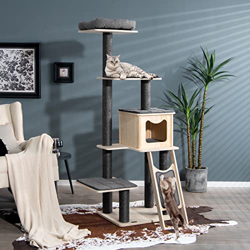 Tangkula 69 Inch Modern Cat Tree, 5-Tier Wood Cat Tower with Scratching Sisal Posts, Top Perch, Cute Cat Condo, Tall Cat Tree with Washable Cushions for Indoor Large Cats Kitten (Grey)