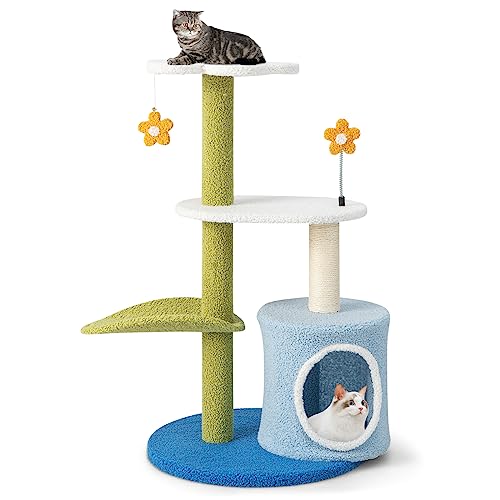 Tangkula Flower Cat Tree, Cute Cat Tower with Sisal Scratching Post, Plush Leaf-Shaped Perch, Roomy Condo, Fluffy Spring Ball & Jingling Ball, Small Cat Tree for Indoor Large Cats 20 lbs Heavy Duty