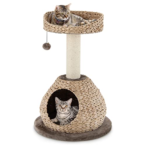 Tangkula Modern Cat Tree for Indoor Cats, Small/Tall Cat Tree with Natural Sisal Scratching Post, Hand-Made Wicker Cat Condo & Top Perch, Funny Hanging Toy Ball, Cute Cat Tree Tower for Large Cats