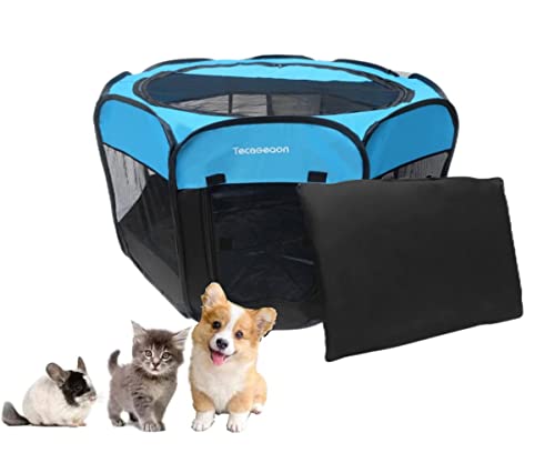 Tecageaon Portable Foldable Pet Playpen Exercise Pen Kennel Tent Carrying Case Indoor Outdoor Water-Resistant Removable Shade Cover for Puppies Kittens Cats Small Dogs (Blue)