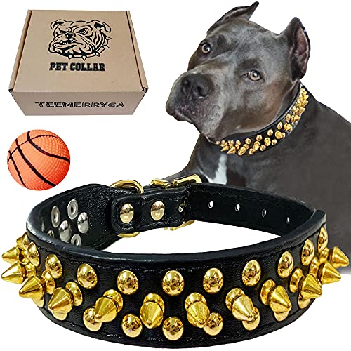 TEEMERRYCA Black Leather Dog Collar with Gold Spikes for Male Small Medium Large Pets, Pit Bulls/Bulldog, Keep Dog Safe from Grabbing by Huge Dogs, M(12"-15")