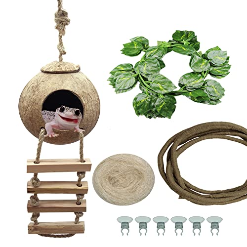 Tfwadmx Crested Gecko Coco Hut Natural Lizard Coconut Shell Hideout Home Mini Condo Reptiles Durable Ladder Cave Habitat Hanging Loop Climbing Porch Hiding Nest House