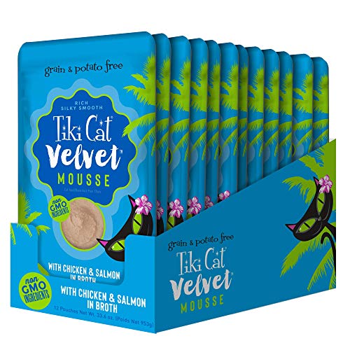 Tiki Cat Velvet Mousse, Chicken & Salmon in Broth, Complete Nutrition for Balanced Diet, Wet Cat Food For All Life Stages, 2.8 oz. Pouch (Pack of 12)