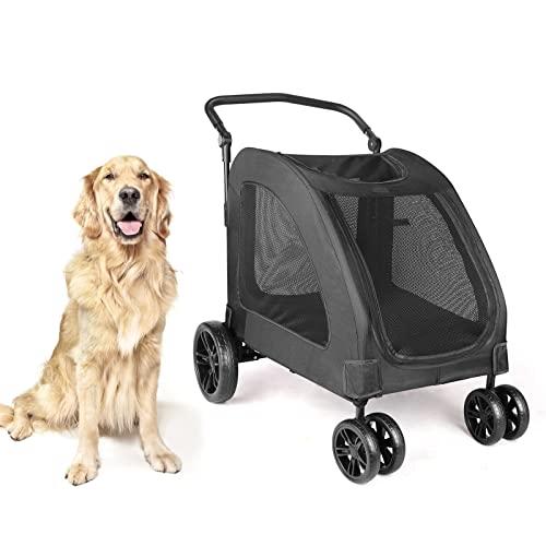 Timati 4 Wheels Dog Stroller Foldable Pet Jogger Stroller for Single or Multiple Medium and Large Dogs Travel Carrier Breathable Animal Stroller Easily Walk in/Out Up to 120 lbs (Black)