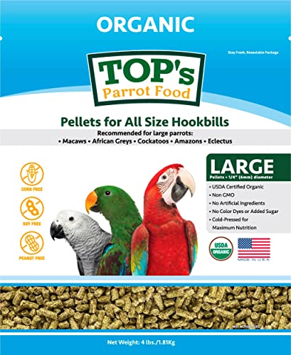 TOP's Parrot Food Pellets Hookbills, Small, Medium and Large Parrots - Non-GMO, Peanut Soy & Corn Free, USDA Organic Certified - 4 lb / 1.81 kg