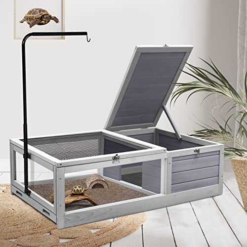 Tortoise House Habitat, Wooden Tortoises Enclosure Indoor Turtle Home, Outdoor Reptile Cage with Light Support- Upgraded Two Slide Out Trays