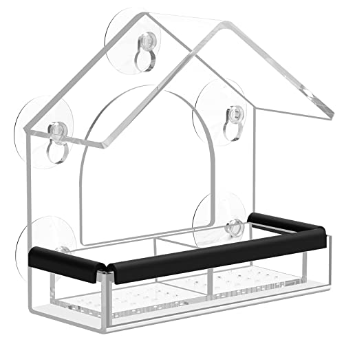 Transparent Window Bird Feeder with 5 Extra Strong Suction Cups, Drainage Holes, Detachable Seed Tray, DY-SKTY Sturdy and Durable Acrylic Clear Birds Feeders for Viewing Wild Birds Outside