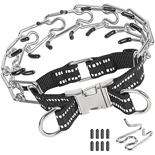 Tresbro Prong Training Collar for Dogs, Adjustable Dog Pinch Collar with Quick Release Metal Buckle and Reflective Nylon Strap, No Pull Collar for Small Medium Large Dogs, Extra Link and Caps, XL