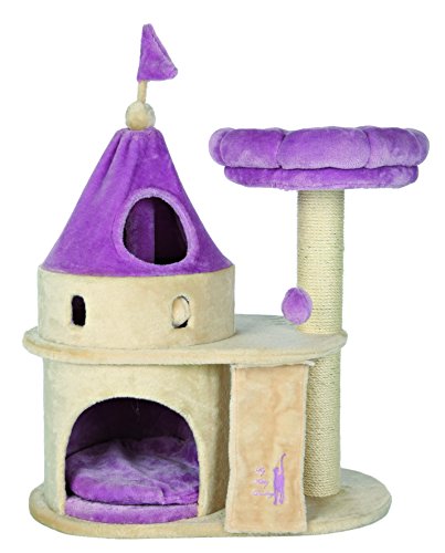 TRIXIE My Kitty Darling Castle Condo, Scratching Post, Cat Tree, Pom Pom, Crinkle Toy | Beige 27.5 x 14.75 x 35.25 in.