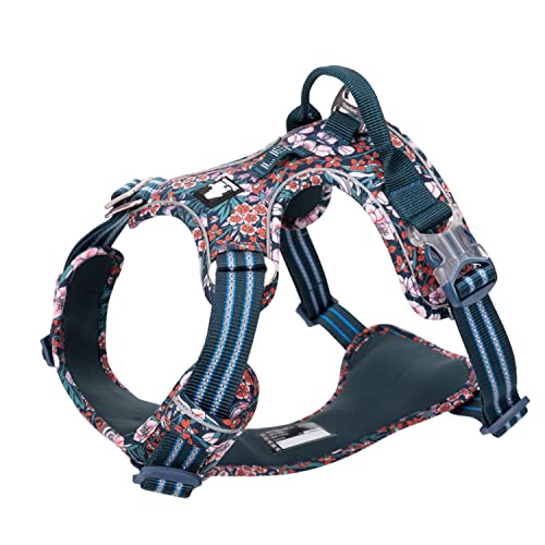 TRUE LOVE Adjustable No-Pull Front Clip Dog Harness Reflective Comfortable Control Durable Soft Cotton Floral Vest Harness with Handle TLH5655(Navy Blazer,L)