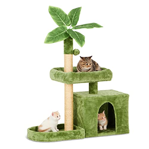 TSCOMON 31.5" Cat Tree Cat Tower for Indoor Cats with Green Leaves, Cat Condo Cozy Plush Cat House with Hang Ball and Leaf Shape Design, Cat Furniture Pet House with Cat Scratching Posts, Green