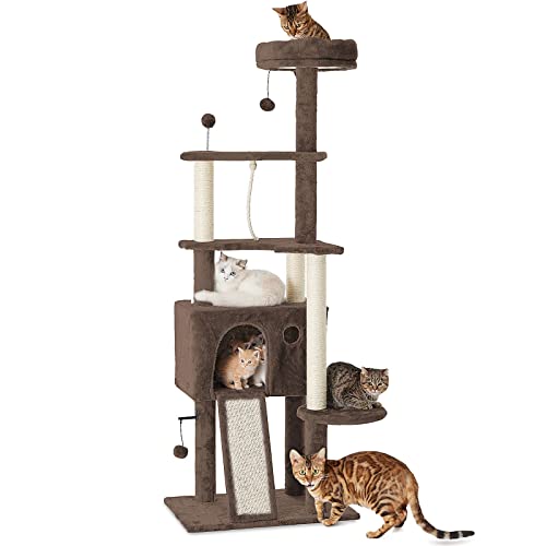 TSCOMON 64in Large Cat Tree Cat Tower for Indoor Cats, Multi-Level Cat Furniture Condo Cat Caves Cat House with Hang Ball Toys and Cat Sisal Scratching Posts for Kittens Pet House Play, Coffee