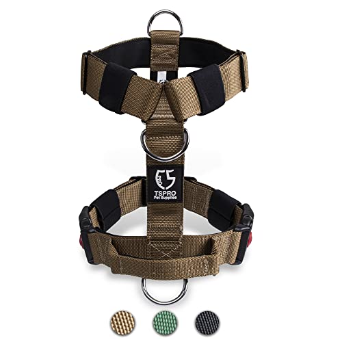 TSPRO Tactical Dog Vest Harnesses with Handle 1.5 inch Wide Military Grade Strong Padded Thick Dog Harnesses Heavy Duty Dog Harnesses Quick-Release Buckle for Medium Large Dogs(Khaki-M)