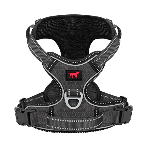 Tuff Pupper Anti Pull Heavy Duty Dog Harness, Easy Walk Front & Back Leash Clips, Strong Safety Handle, Reflective Vest, Comfortable Padded Training Harness, Small Medium Large Dogs (Large, Black)