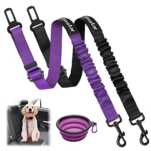 Vastar Dog Seat Belt, 21”-31” Adjustable Dog Car Harness Strap, Dog Tether with Elastic Bungee Buffer, Dog Car Leash with Universal Clip, Dog Seatbelt with Foldable Bowl, Heavy Duty Nylon & Zinc Alloy