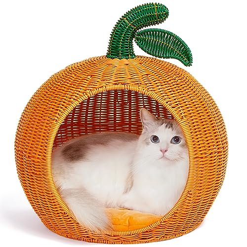 VETRESKA Rattan Cat and Dog Bed, Sustainable Cats Condo Cave Small Dog House, Comfy Kitten Bed Cute Pet Bed with Machine Washable Nest Cushion, Orange Tangerine