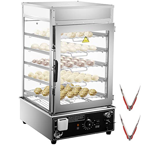 VEVOR 110V Commercial, 5-Layer Restaurant, Electric Food 11.8x11.8-Inch Racks, 30-110℃/86-230℉ Bun Bread Machine, 900W Hot Dog Steamer Warmer, for Buffet, Sliver