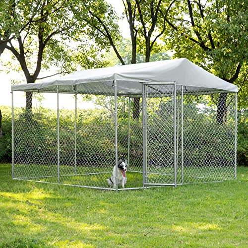 VIVIJASON Outdoor Large Dog Kennel Heavy Duty Fence Dog Cage with Galvanized Chain Link, Outside Pen Playpen Dog Run House with UV & Waterproof Cover and Secure Lock for Backyard(9.84'Lx9.84'Wx7.21'H)