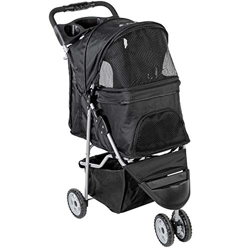 VIVO Black 3 Wheel Pet Stroller for Cat, Dog and More, Foldable Carrier Strolling Cart, STROLR-V003K