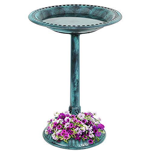 VIVOHOME 28 Inch Height Polyresin Lightweight Antique Outdoor Garden Bird Bath with Flower Planter Base Green