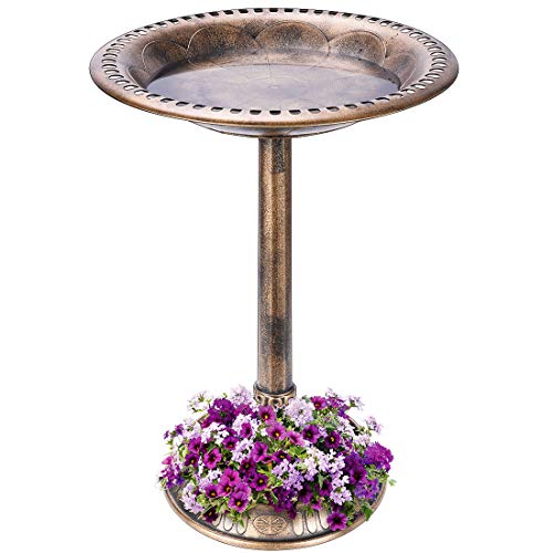 VIVOHOME 28 Inch Height Polyresin Lightweight Antique Outdoor Garden Bird Bath with Flower Planter Base Copper