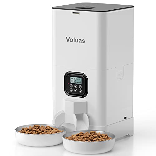 Voluas Automatic Cat Feeders for Two Cats - Double Pet Feeder with 2 Stainless Steel Bowls,6L Timed Cat Feeder with Memory Function, Pet Food Dish