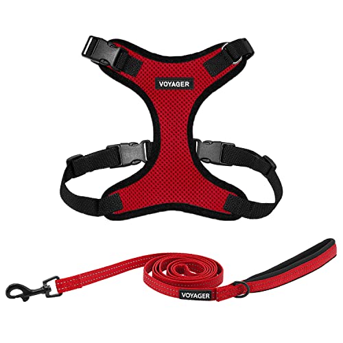 Voyager Step-in Lock Dog Harness w Reflective Dog Leash Combo Set with Neoprene Handle 5ft - Supports Small, Medium and Large Breed Puppies/Cats by Best Pet Supplies - Red/Black Trim, M