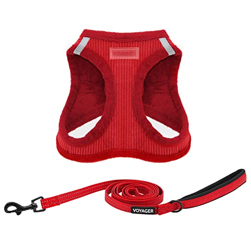 Voyager Step-in Plush Dog Harness – Soft Plush, Step in Vest Harness for Small and Medium Dogs by Best Pet Supplies - Red Corduroy (Leash Bundle), S (Chest: 14.5-16")