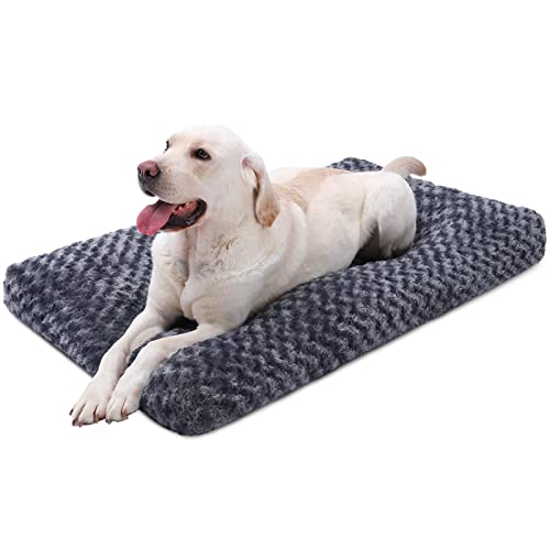 Washable Dog Bed Deluxe Plush Dog Crate Beds Fulffy Comfy Kennel Pad Anti-Slip Pet Sleeping Mat for Large, Jumbo, Medium, Small Dogs Breeds, 47" x 29", Dark Grey