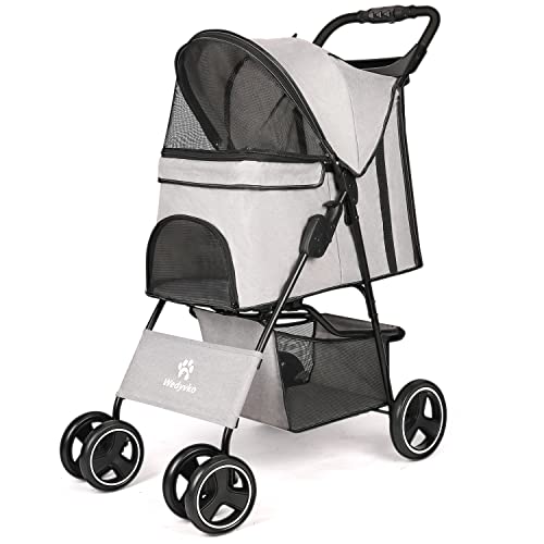 Wedyvko Dog Stroller, 4 Wheel Foldable Pet Dogs and Cat Strollers with Storage Basket and Cup Holder for Small and Medium Cats, Dogs, Puppies (Gray)