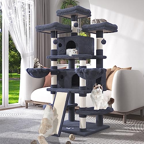 WEEWAY 68 Inches Multi-Level Large Cat Tree for Cats/Big Cat Tower/Cat Condo/Cozy Plush Cat Perches/Fluffy Balls/Sisal Scratching Posts and Hammocks/Cat Cave/Cat Furniture Activity Center/Drak Grey