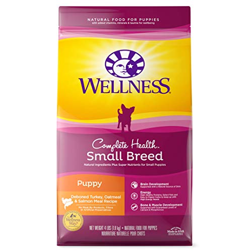 Wellness Complete Health Small Breed Dry Dog Food with Grains, Natural Ingredients, Made in USA with Real Turkey, For Dogs Up to 25 lbs. (Puppy, Turkey, Salmon & Oatmeal, 4-Pound Bag)