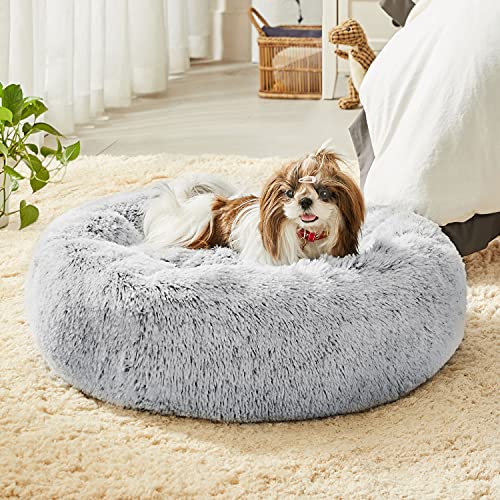 Western Home Faux Fur Original Calming Dog & Cat Bed for Small Medium Large Pets, Indoor Cats, Anti Anxiety Donut Cuddler Round Warm Washable (20", Light Grey)