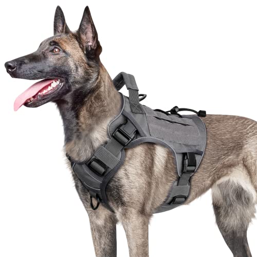 WINGOIN Gray Large Tactical Dog Harness No Pull Adjustable Reflective K9 Military Gray Dog Vest Harnesses with Easy Control Handle for German Shepherd Service Dog (L)