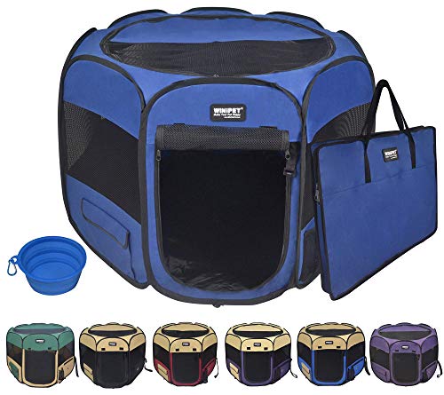 WINiPET 2-Door Folding Soft Pet Playpen (2 Year Warranty), Plus Carrying Bag and Food Grade Silicone Bowl, 10-Size and 12-Color Portable Dog Cat Playpen, Exercise Pen, Indoor & Outdoor Pet Home