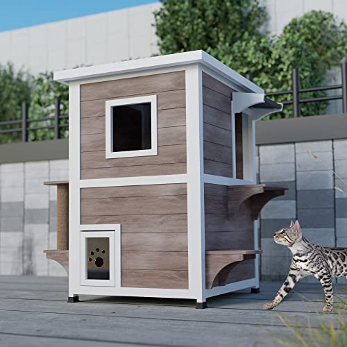 WISHIVE Outdoor Cat House with Cat Scratching Post, Weatherproof Feral Cat Shelter Outdoor with Escape Door, Wooden Outside Cat Condos for One or Two Cats, Grey-Brown