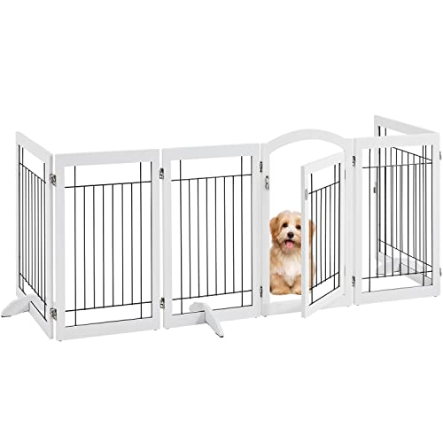 Yaheetech 123'' Extra Wide Pet Gate with Door Freestanding Dog Gate for Doorways 6 Panels Pet Dog Gate Indoor with 3PCS Support Feet, 123'' x 32'' White